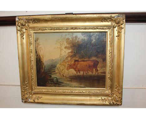 19th century school, cattle watering at a gate, with empty milk stool and pail, oil on board, 23cm by 29cm