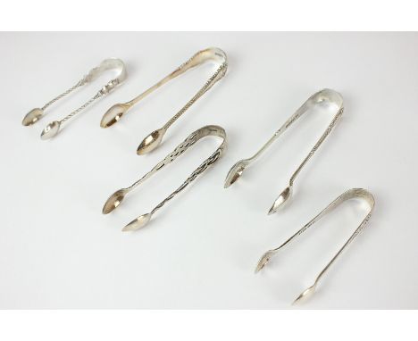 Five Victorian silver sugar tongs, one with Celtic design by Henry Matthews, Birmingham 1898, another with Queen's profile by