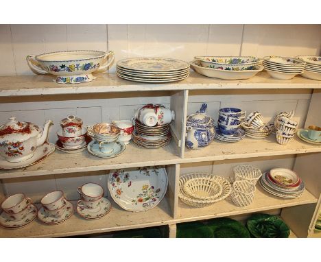 A Paragon china Rockingham pattern part tea service, a Spode Italian pattern teapot and three cups and saucers, Royal Chelsea