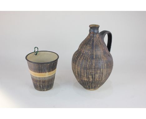 A Ray Marshall studio pottery flagon, 21cm, and a matching beaker, in fine lined matte glaze