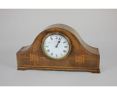 An Edwardian inlaid walnut mantel clock with three inch white dial marked Mappin & Webb, in domed case, 29cm