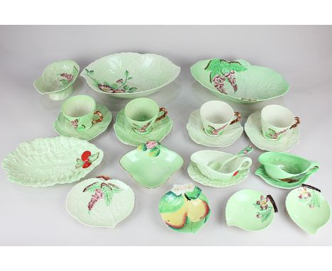 A collection of Carlton Ware Australian design tableware including leaf design dishes, four cups and saucers, two sauce boats