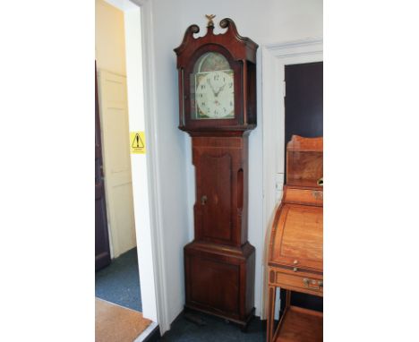 A George III inlaid oak longcase clock with 12 inch painted arched dial, the arch with figure of Christ rising from the tomb,