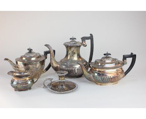 A Mappin & Webb silver plated teapot, oval shape with demi fluting, together with a plated teapot, coffee pot and milk jug, a