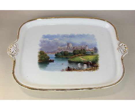 A porcelain serving tray with central decorated panel of Windsor Castle, signed T R Barlow, inscription and initials verso, 4