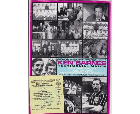 KEN BARNES TESTIMONIAL     Programme and ticket for Ken Barnes Testimonial for Manchester City v Don Revie's International Al