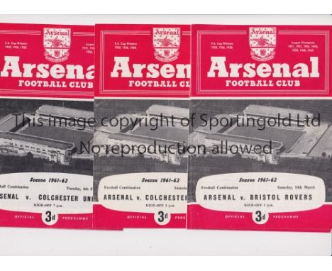 ARSENAL     Nineteen programmes including 16 home Reserves for season 1961/2 v Bristol R, Cardiff, Colchester (11/11/61), Col