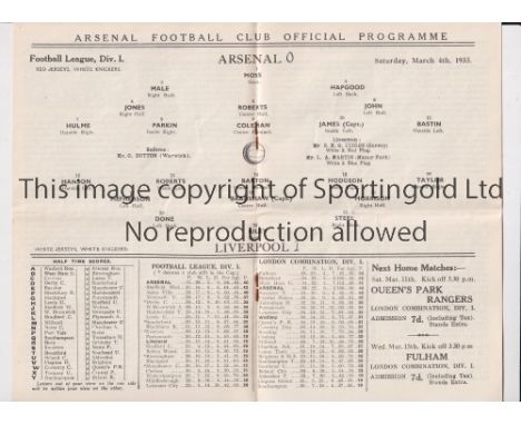 ARSENAL / FIRST MATCH WITH WHITE SLEEVES     Programme for the home match v Liverpool 4/3/1933 in their Championship season. 