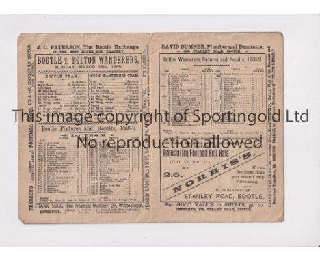 BOOTLE V BOLTON WANDERERS 1889      Single card programme for the match at Bootle 25/3/1889 in Bolton Wanderer's first League