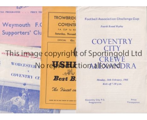 COVENTRY CITY     Four FA Cup programmes: home v Crewe 65/6 and away v Weymouth 58/9, Worcester City 60/1 slightly marked on 