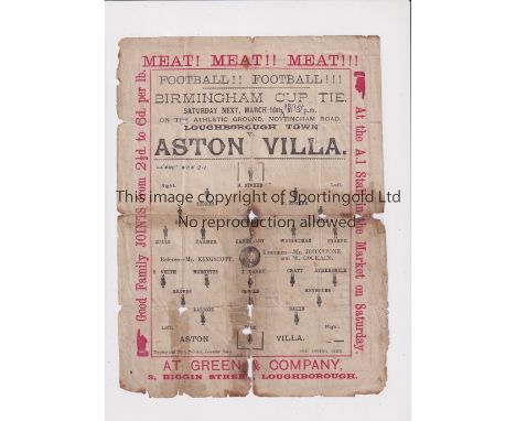 LOUGHBOROUGH TOWN V ASTON VILLA 1894        Single sheet programme for the Birmingham Cup tie at Loughborough 10/3/1894. Asto