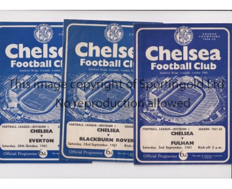 CHELSEA       Thirty five programmes: homes 10 X 60/1, 9 X 61/2, 6 X 62/3 &amp; 8 X 63/4. Two aways: 1st ever FA Cup tie v Le