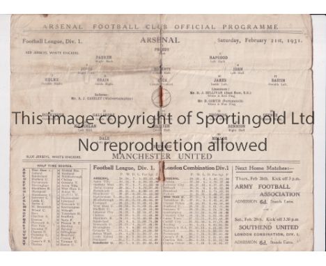 ARSENAL V MANCHESTER UNITED 1931         Programme for the League match at Highbury in Arsenal's first Championship season. H
