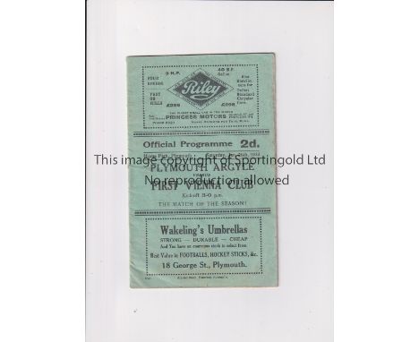 PLYMOUTH ARGYLE V FIRST VIENNA CLUB 1933      Programme for the Friendly at Plymouth 28/1/1933.    Generally good