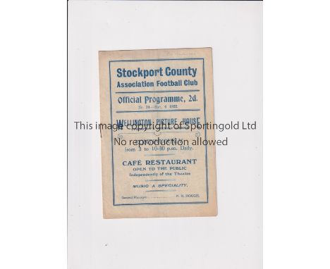 STOCKPORT COUNTY V GREAT HARWOOD 1922      Programme for the home Lancs. Combination match for Stockport County Reserves 6/5/