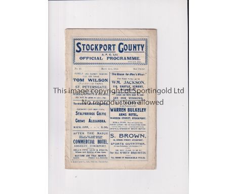 STOCKPORT COUNTY V HULL CITY / STALYBRIDGE CELTIC V CREWE ALEXANDRA 1913     Joint issue programme for matches played at Stoc
