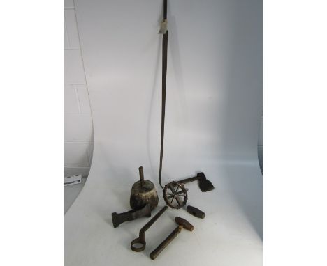 Collection of Victorian and vintage tools to include quarry scrapper, car parts, mallet etc. 