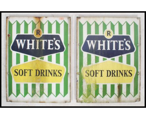 A pair of vintage Industrial mid century R Whites Lemonade advertising enamel shop sign. The signs of upright rectangular for
