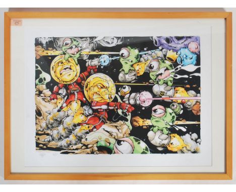 A graffiti urban art print after Bristol Street artist Cheo entitled Uranus Is Under Attack 2011 depicting a cartoon space sc