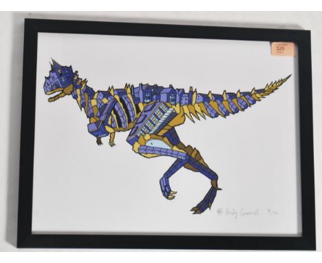 A graffiti urban art print after Bristol Street artist Andy Council entitled Yate Carnotaurus 2013 7/10 depicting a dinosaur 