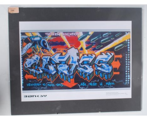 A graffiti urban art  print after Bristol Street artist Banksy entitled The New Pollution Class 1998  number 08/50 framed and