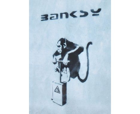 A graffiti urban art stencil print after Bristol Street artist Banksy entitled TNT Monkey 1999  number 07/50 framed and glaze