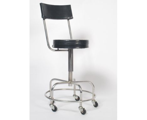 A good mid century /- 1970's Industrial medical surgeons theatre stool. Polished chrome construction with peripheral foot str