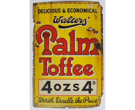 An original early 20th century Walters Palm Toffee enamel advertising sign. The rectangular sign with red white and yellow co