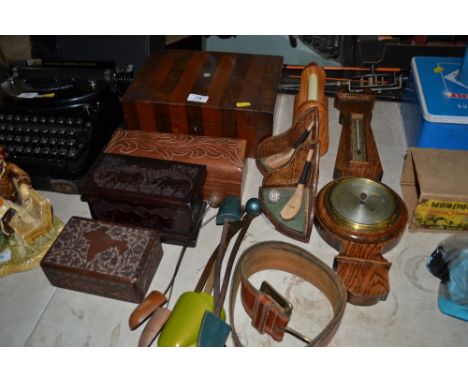 A 19th Century rosewood and inlaid box together with various other wooden boxes; shoes trees; an oak cased barometer etc. 