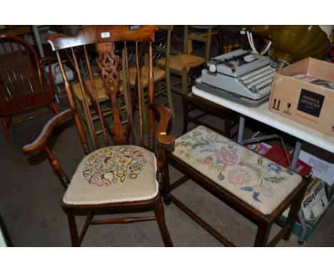 A stick back elbow chair with needle work upholstered seat; together with a stool  