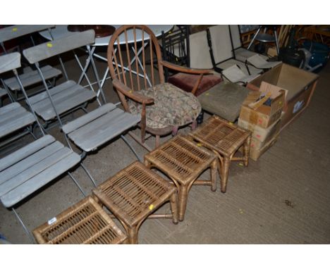 A stick back elbow chair; a late Victorian spindle back chair; a stool and four small cane stools