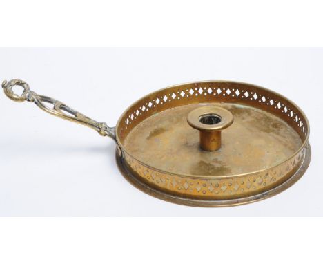 19th century brass circular candlestick holder / tray with handle and pierced rim. Measuring approx. 9cm x 31cm x 20cm.