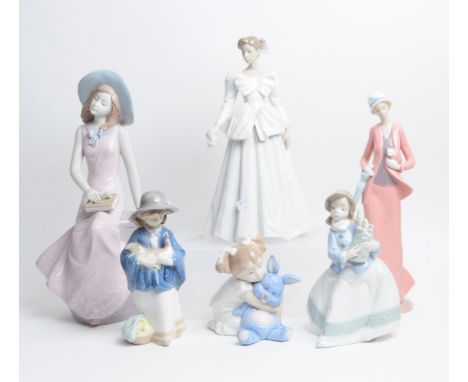 Lladro, Nao - Collection of hand made Spanish porcelain figurines. To include a large Bride in a wedding dress, girl on a nat