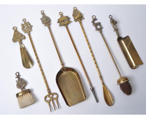 20th century brass fireside implements, comprised of dust pans, brushes, pokers, and shovels. Each tool mounted with a relief