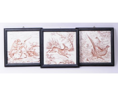 Wedgwood and Sons - Josiah - Collection of three framed 19th century Victorian ceramic wall tiles. Each depicting hunting sce