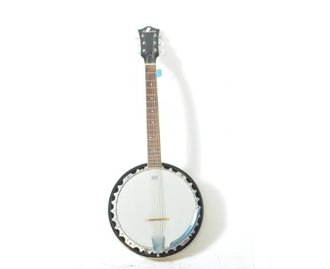 Ashbury six string banjo musical instrument with maple back, sides, neck and fingerboard, dot inlays, brown edgebinding and m