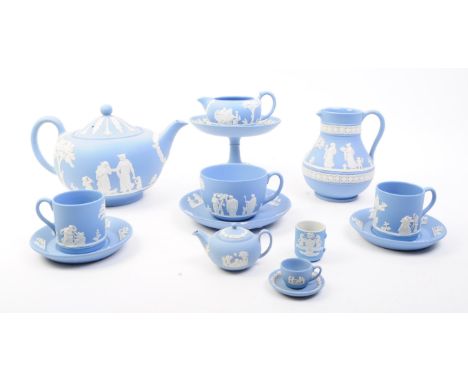Wedgwood - Jasperware - Collection of 20th century bisque porcelain sky blue pieces, comprised of a teapot, tea cup, saucer, 