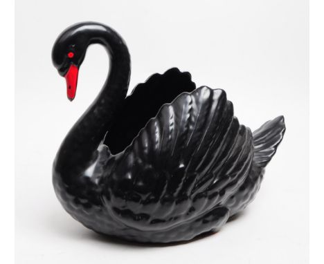 Dartmouth Pottery - A vintage 20th century ceramic black swan planter / posy vase. Havign a red beak and eyes with black feat