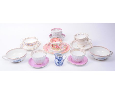 Collection of early 19th century Georgian assorted china teacups and saucers. Including examples by Dresden, Booths, Royal Cr