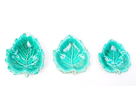 Wedgwood - Three mid century ceramic majolica leaf plates with a green glaze. Makers mark to the underside of each leaf, with