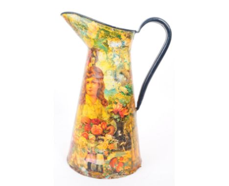 Late 19th century Victorian large metal water jug /pitcher with decoupage scrap book collage decoration to the body. Measurin