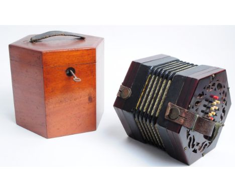Lachanel and Co - Late 19th / early 20th century 24 button concertina squeeze box, housed within the original hexagonal mahog