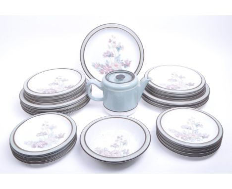 Denby - Late 20th century ceramic Romance pattern plates and teapot. Comprised of small plates, medium plates, dinner plates,