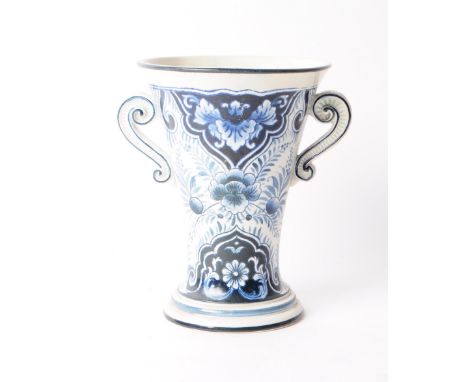Villeroy &amp; Boch - Early 20th century ceramic twin handled delft style vase. Featuring a black and white floral transfer p