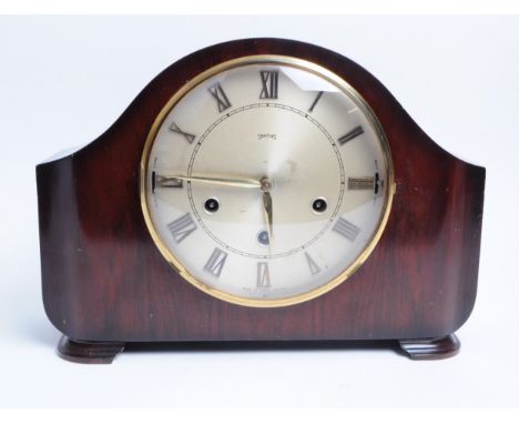 Smiths - Early 20th century art deco mahogany cased mantel clock. Metal clock face with a glazed front and Roman numeral chap