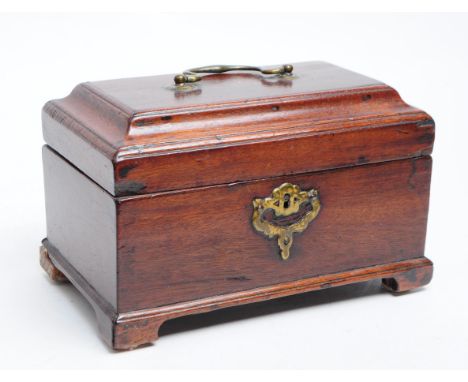 George III 19th century mahogany tea caddy / trinket  chest box. Rectangular form with brass carry handle to top, supported o
