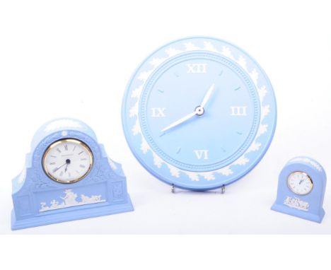Wedgwood - Jasperware - Three 20th century sky blue porcelain clocks, comprised of a circular wall clock, a mantel clock and 