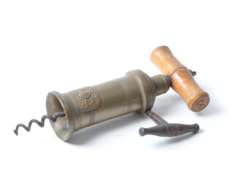 Robert Jones - Early 20th century brass corkscrew with wooden handle and iron mechanism handle. Makers mark to the shaft of t