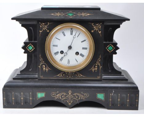 Early 20th century French style slate mantel clock with malachite inlay and gilt detailing. White enamel clock face with a Ro
