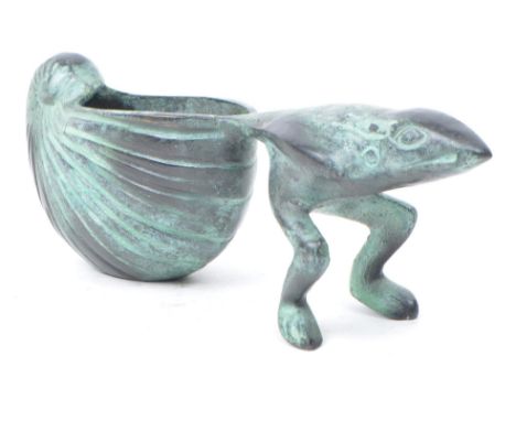 20th century bronze sculpture planter of a frog pulling a shell. Stickered 'Made in India' to the underside. Measuring approx